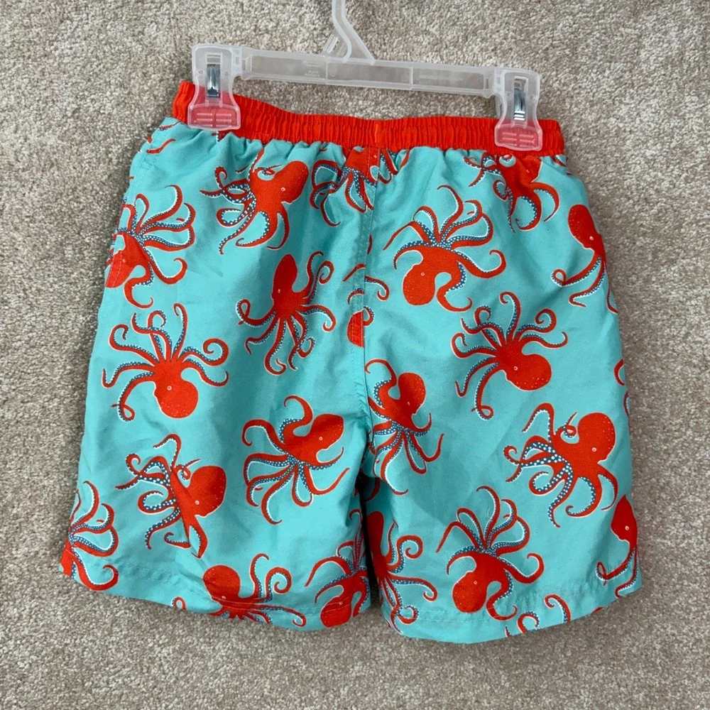 MINI BODEN Swim Trunks Boys Size 8 Blue Orange Octopus Print Beach Shorts